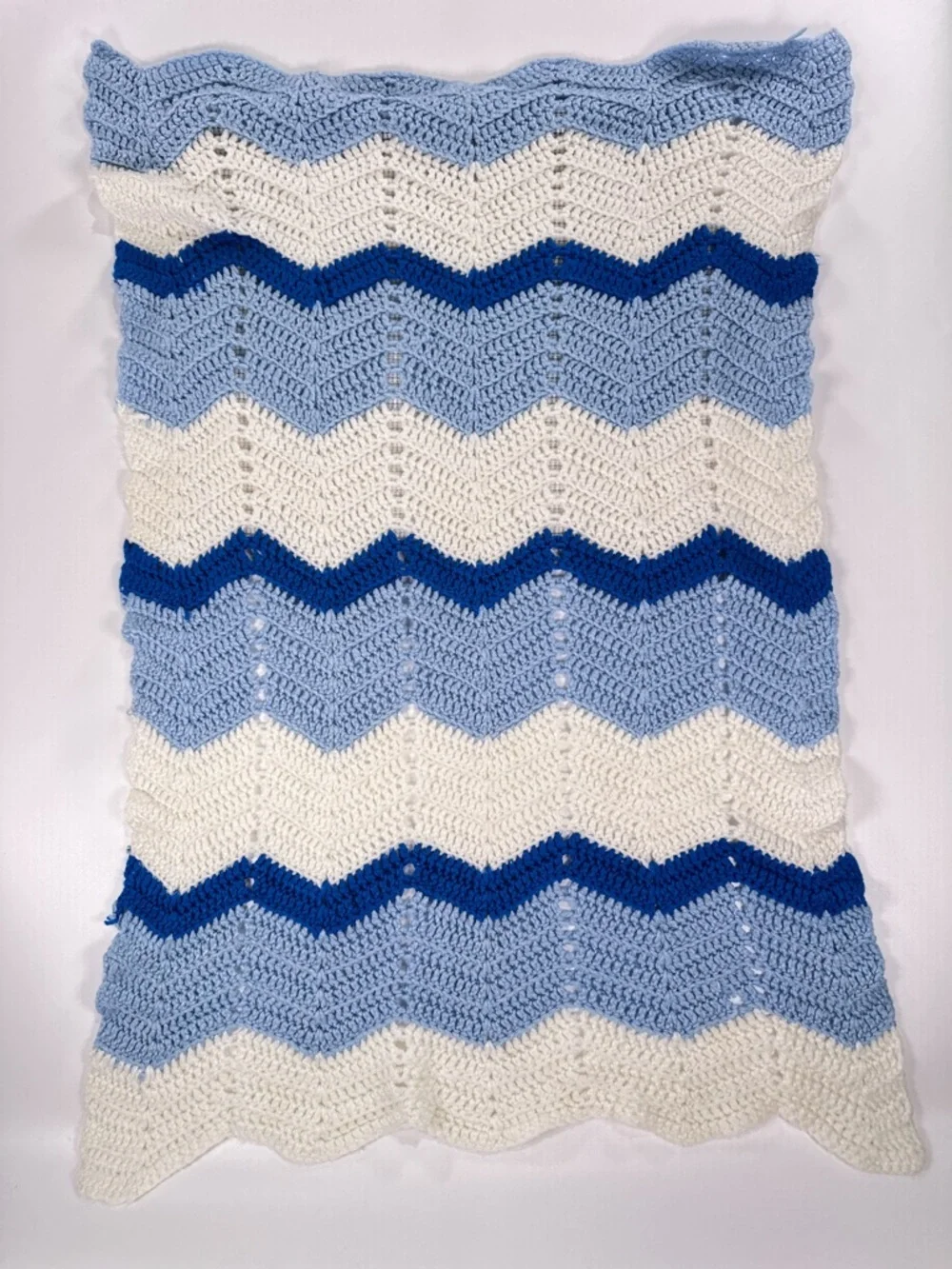 Handmade Blue White Chevron Ripple Crochet Baby Blanket 24x36